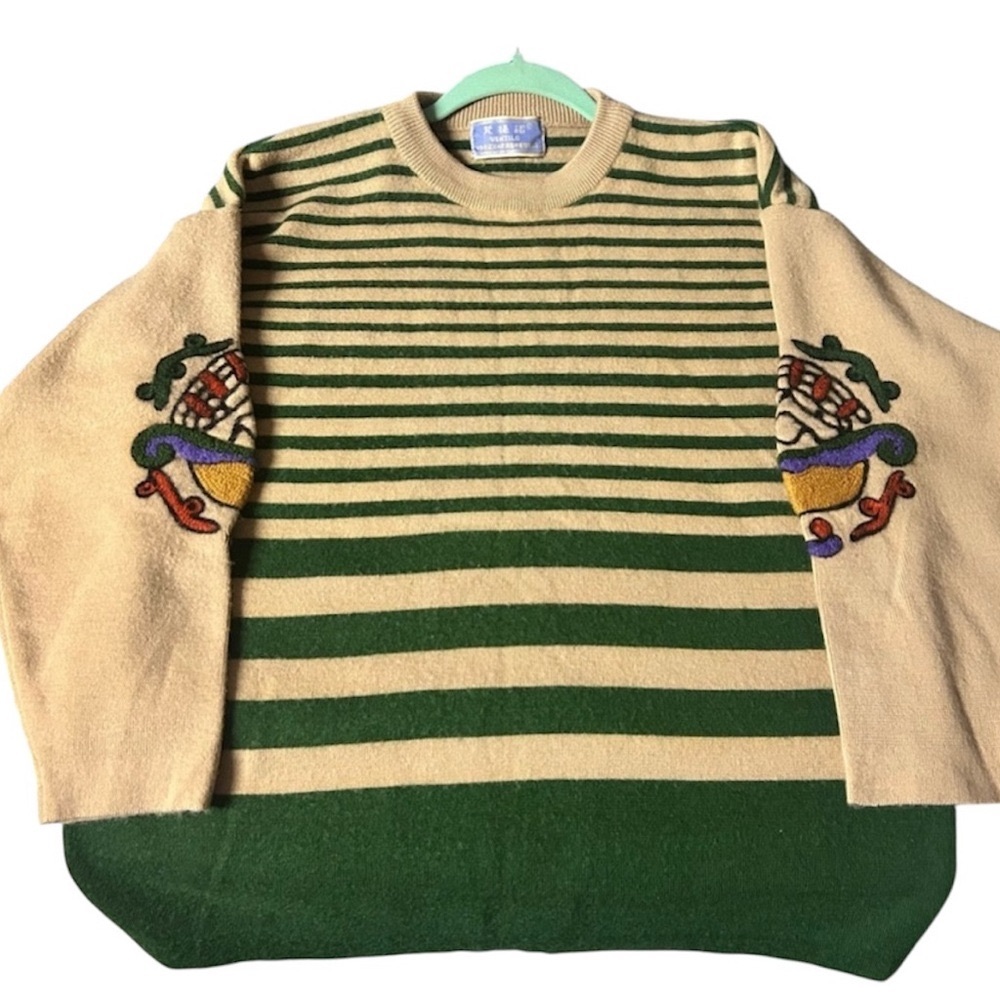 Vintage Ventilo Woman’s Striped Green and Cream Sweater